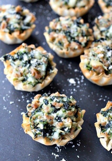 Spinach and Sausage Phyllo Cups on slate