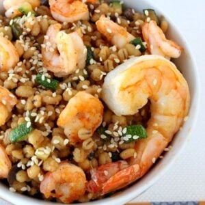 shrimp barley bowl with asian flavors