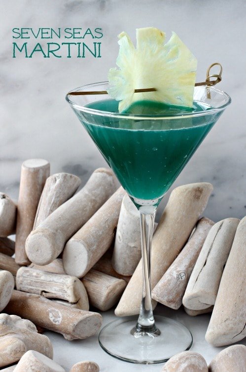 Seven Seas Martini is a martini recipe made with Amaretto and Blue Curacao