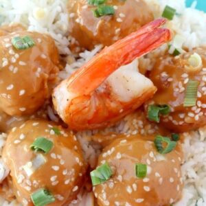 shrimp meatballs with glaze over rice