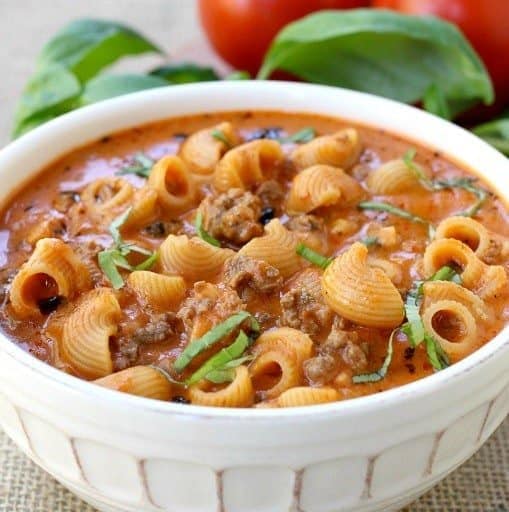 Beefy Tomato Soup is a quick soup recipe with beef and noodles