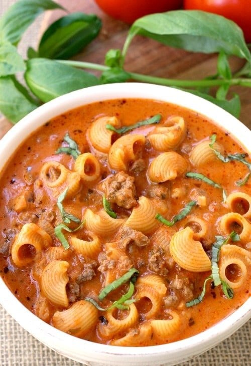 Beefy Tomato Soup is a soup recipe with ground beef and pasta