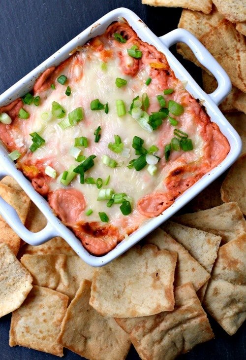 Cheesy BBQ Chicken Dip top with chips