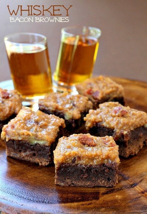 Whiskey Bacon Brownies on board with whiskey