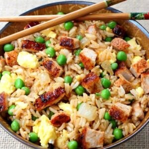 BBQ Pork Fried Rice recipe in a bowl with chop sticks