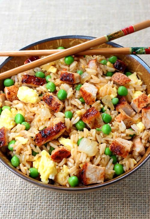 BBQ Pork Fried Rice recipe in a bowl with chop sticks