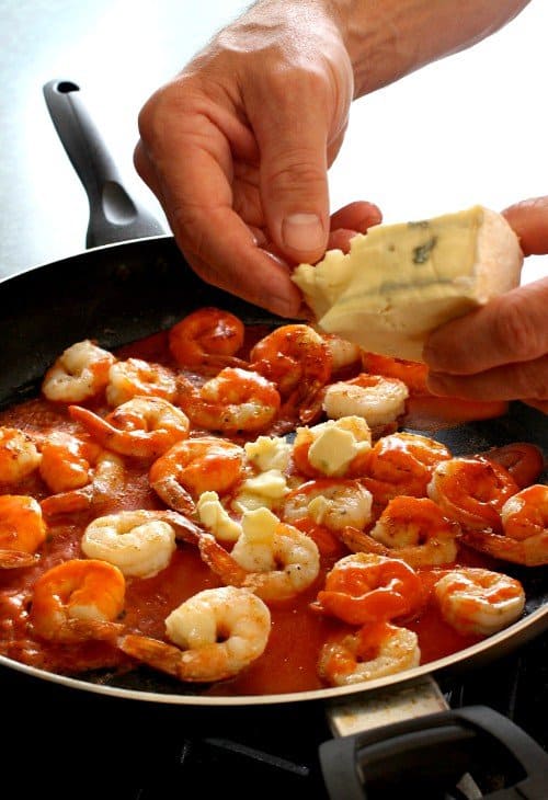 Buffalo Shrimp and Blue Brie Polenta skillet process