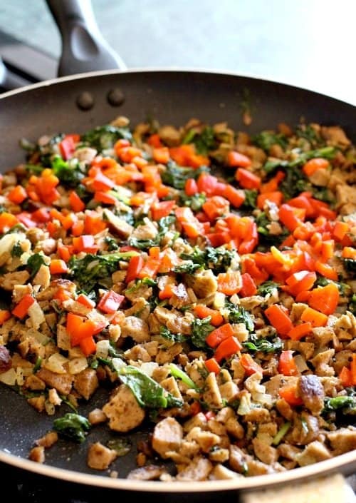 skillet with filling for stuffed mushrooms