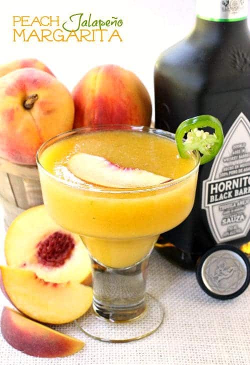 Peach Jalapeño Margarita with peaches and bottle