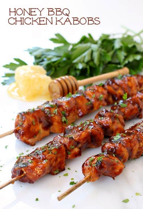 Honey BBQ Chicken Kabobs on marble