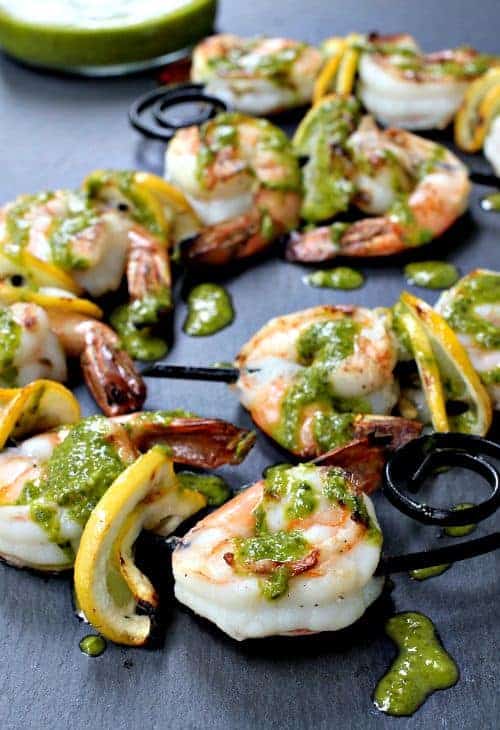 Pesto Shrimp Kabobs on slate board