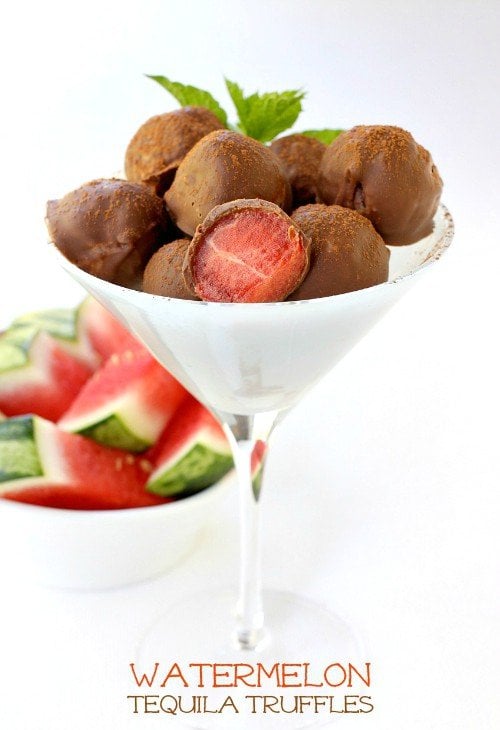 Watermelon Tequila Truffles in martini glass