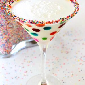 birthday cake martini in a glass with sprinkles