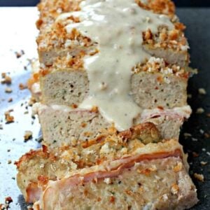 Chicken Cordon Bleu Meatloaf is a chicken meatloaf with a layer of ham and swiss