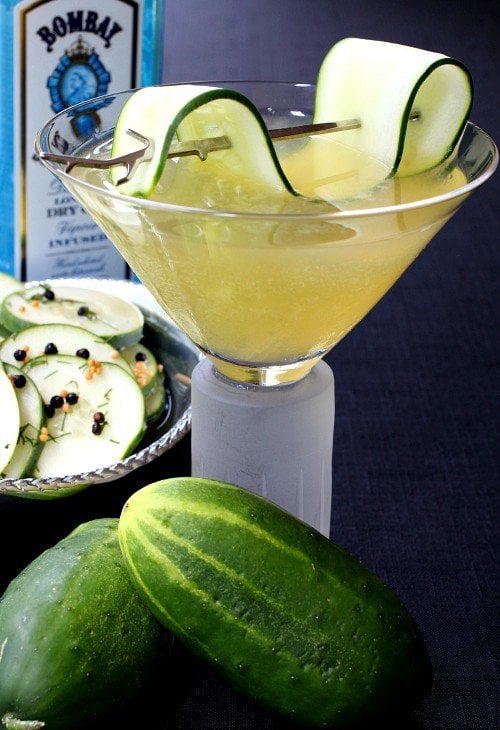 Cucumber Gin Martini with gin bottle