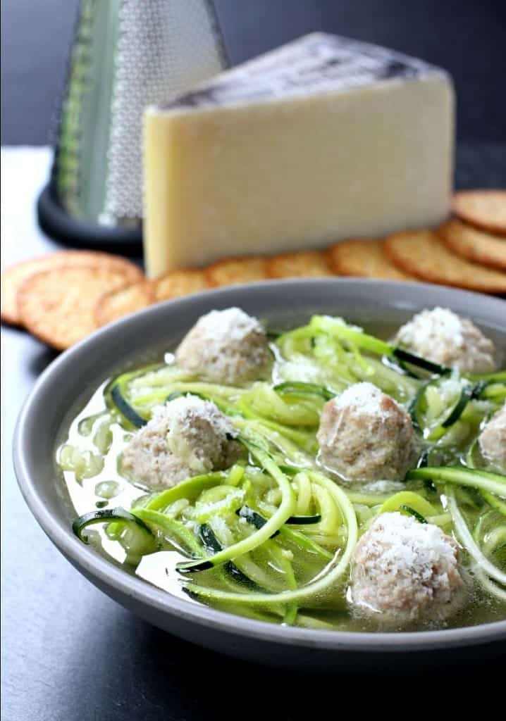 Try this Meatball Soup with Zoodles for a low carb soup recipe the whole family will enjoy! A delicious and healthy soup recipe! italian-wedding-soup-zoodles-hero