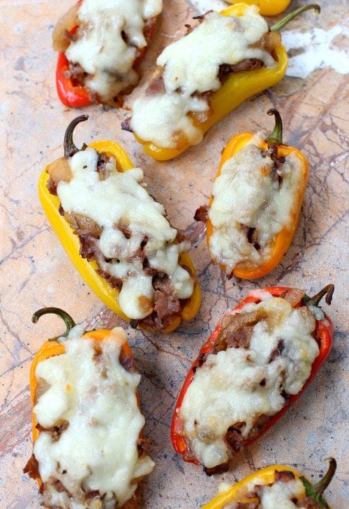Philly Cheesesteak Stuffed Peppers on marble board