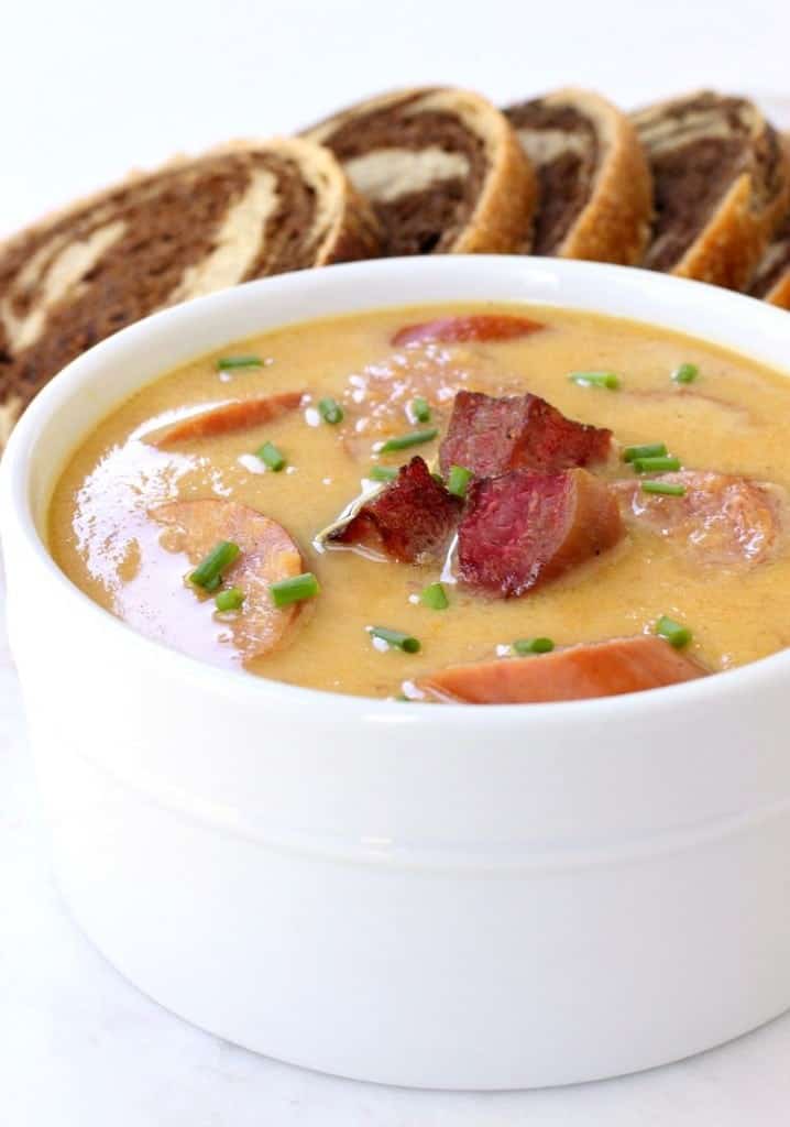 Roasted Vegetable Chowder with Kielbasa in bowl
