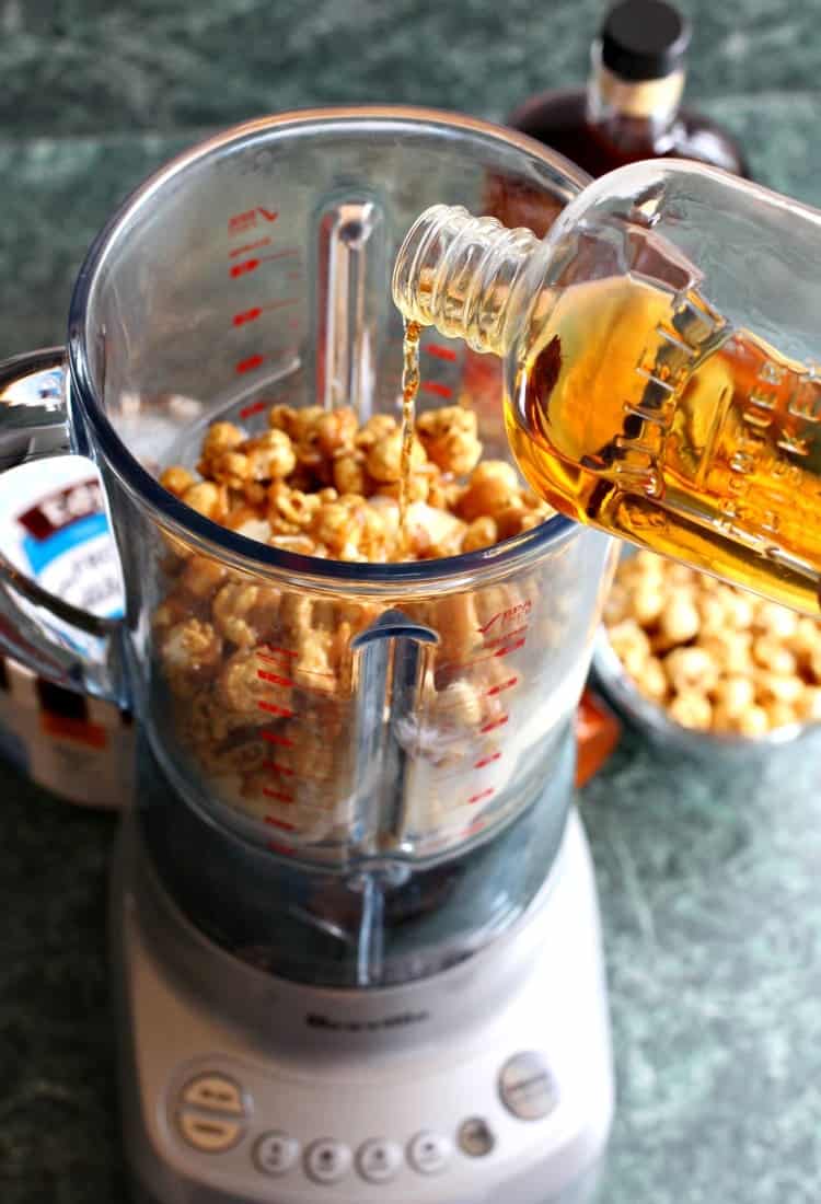 A Bourbon Caramel Corn Milkshake is super fun to serve at parties and on game days! Blend up this boozy milkshake instead of serving dessert! Bourbon Caramel Corn Milkshake blender