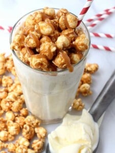 milkshake with caramel corn on top