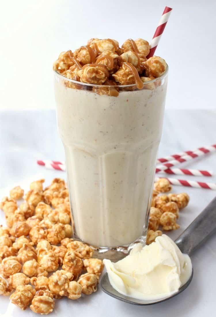 A Bourbon Caramel Corn Milkshake is super fun to serve at parties and on game days! Blend up this boozy milkshake instead of serving dessert! Bourbon Caramel Corn Milkshake featured