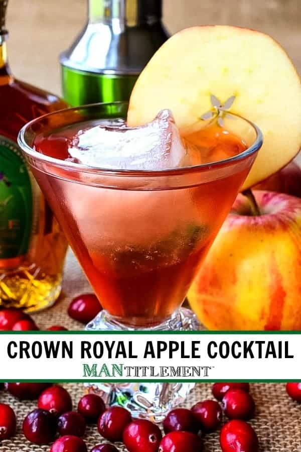 Crown Royal Apple cocktail in a glass with an apple slice and the words "Crown Royal Apple Cocktail" on it