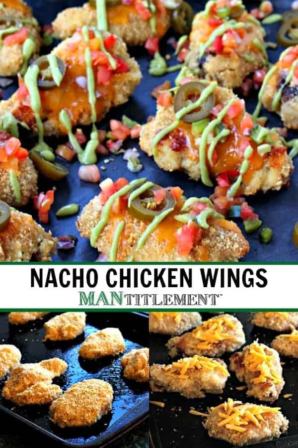 These Nacho Chicken Wings are baked with a tortilla crust and topped with all your favorite nacho toppings! Baked Nacho Chicken Wings Recipe