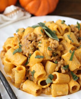 rigatoni with sausage in a pumpkin cream sauce with fresh sage