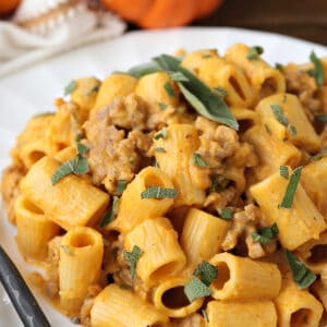 rigatoni with sausage in a pumpkin cream sauce with fresh sage