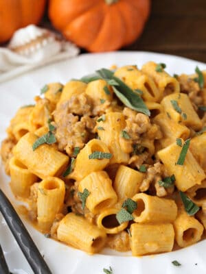 rigatoni with sausage in a pumpkin cream sauce with fresh sage
