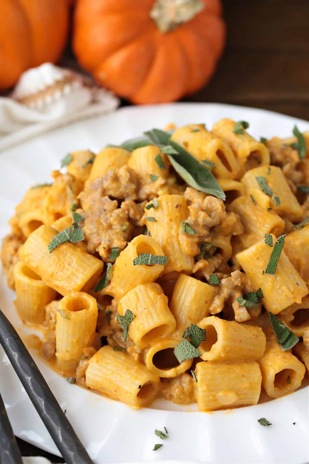 rigatoni with sausage in a pumpkin cream sauce with fresh sage