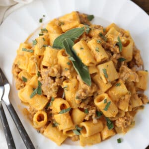 rigatoni in a pumpkin cream sauce with sausage on white plate