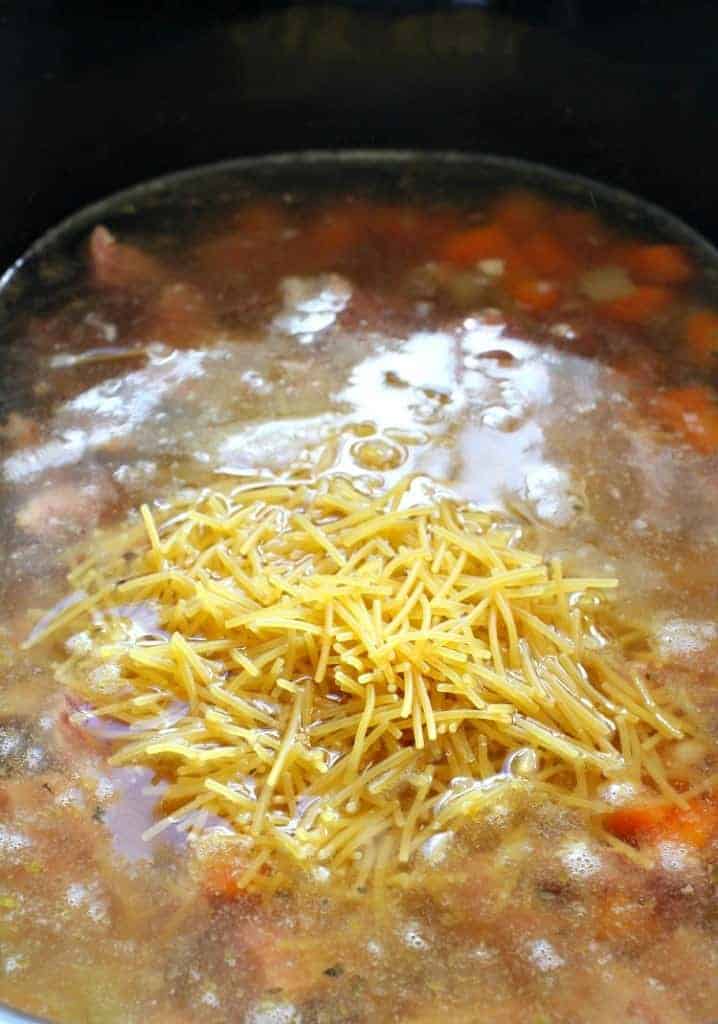 Slow Cooker Ham and Noodle Soup in a slow cooker with noodles and broth