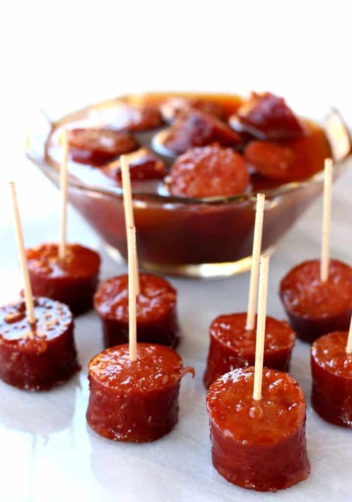 Crock Pot Sriracha Honey Kielbasa is an easy appetizer recipe made with honey and sriracha sauce