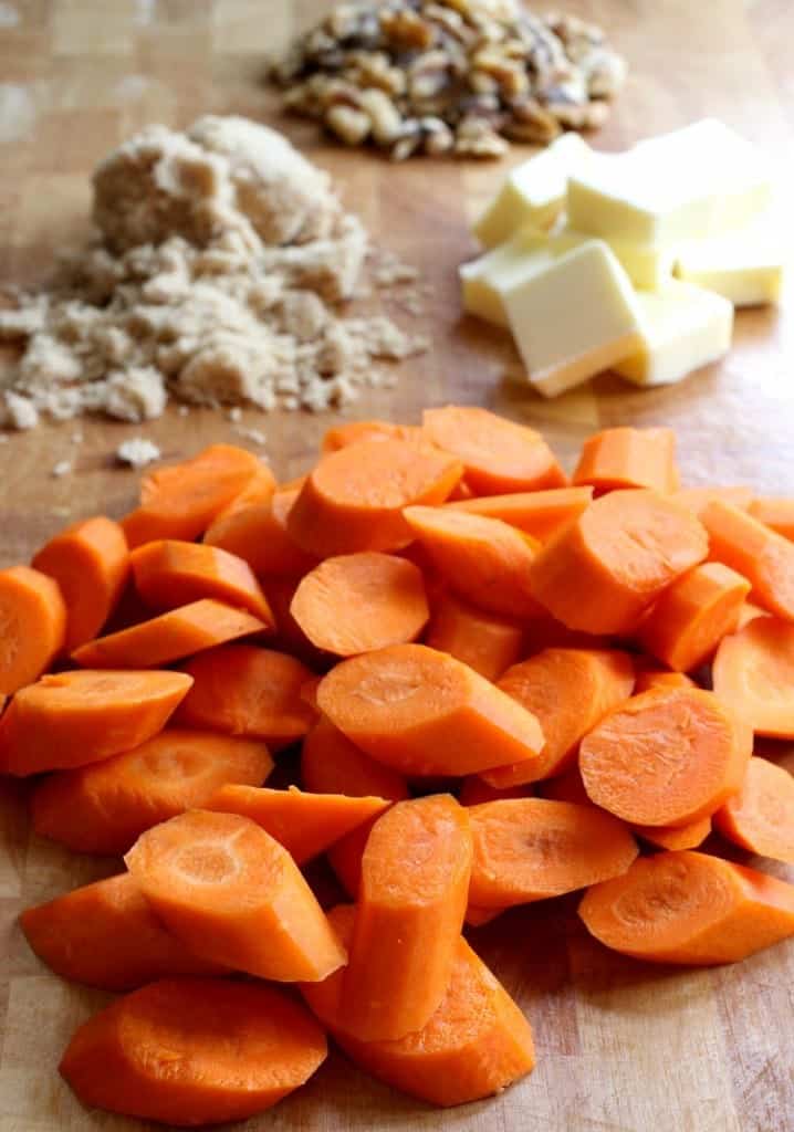 Carrots, nuts, butter and brown sugar for side dish recipe
