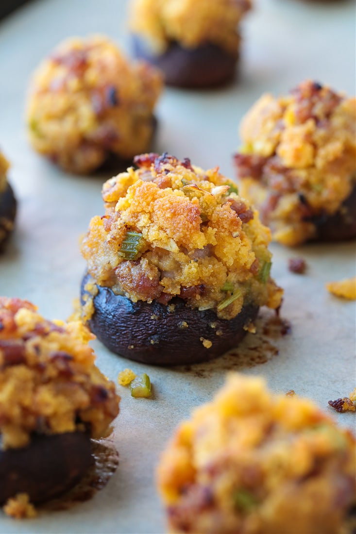 cornbread stuffed mushroom on parchment