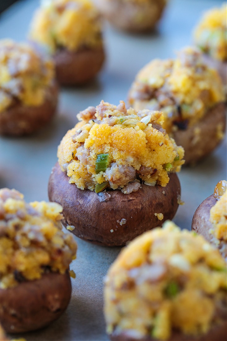 mushroom cap filled with sausage and cornbread