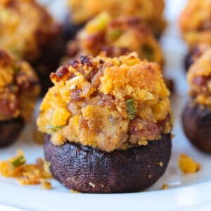 mushroom cap stuffed with cornbread and sausage