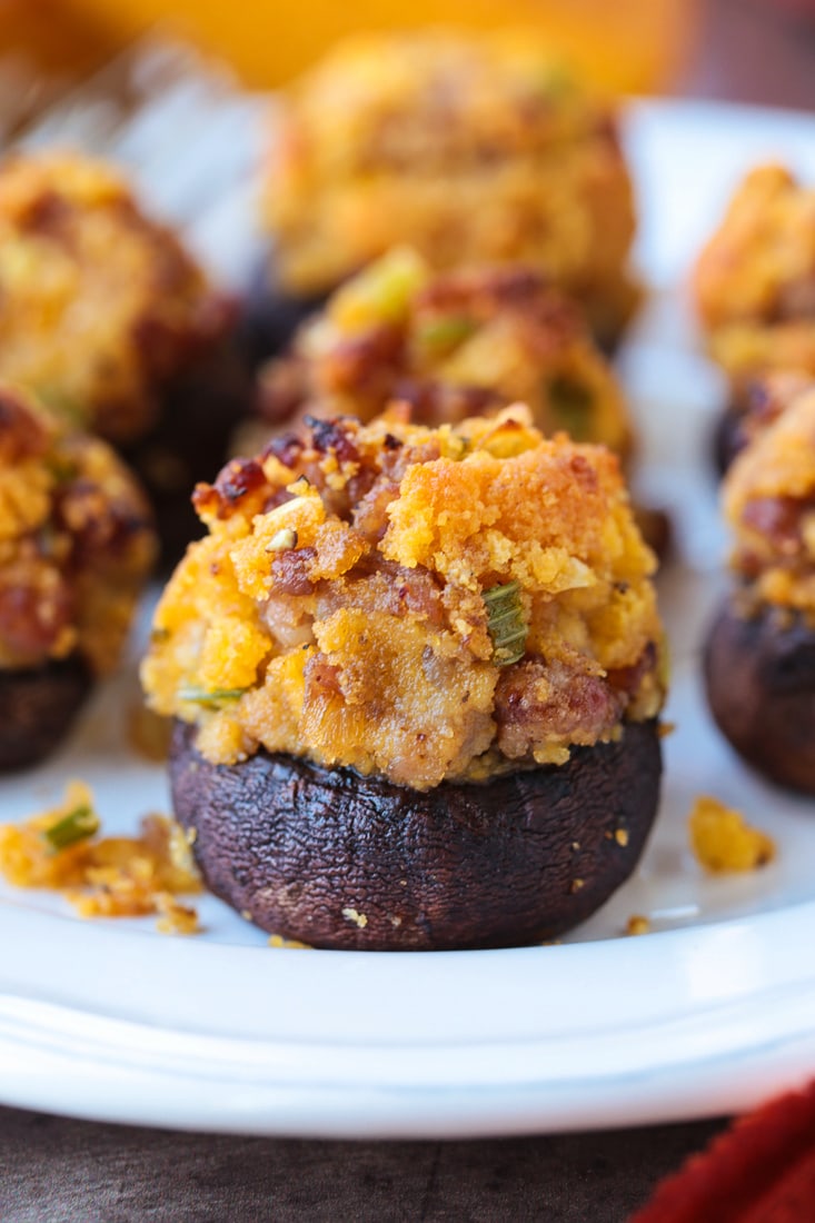 mushroom cap stuffed with cornbread and sausage