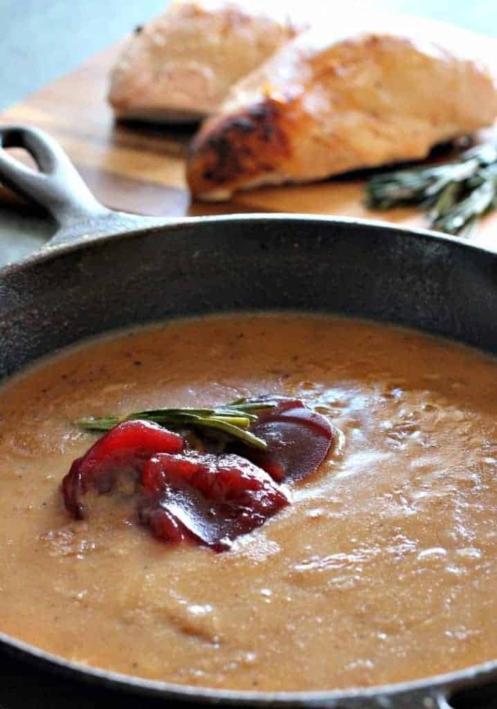 cranberry whiskey gravy in a skillet