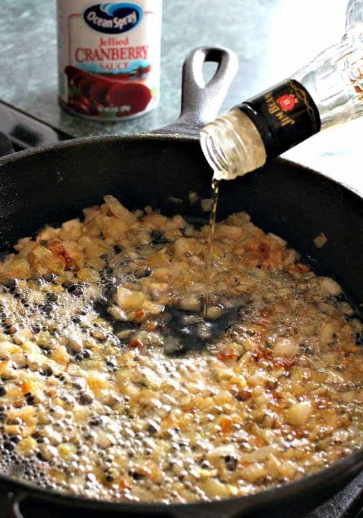 whiskey gravy recipe starts with onions and a splash of whiskey