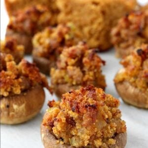 Pumpkin Cornbread Stuffed Mushrooms are an appetizer recipe you can use with leftover stuffing