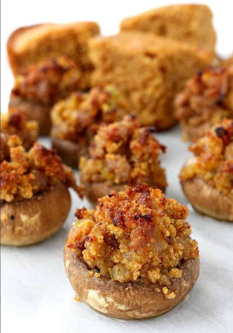Pumpkin Cornbread Stuffed Mushrooms are an appetizer recipe you can use with leftover stuffing