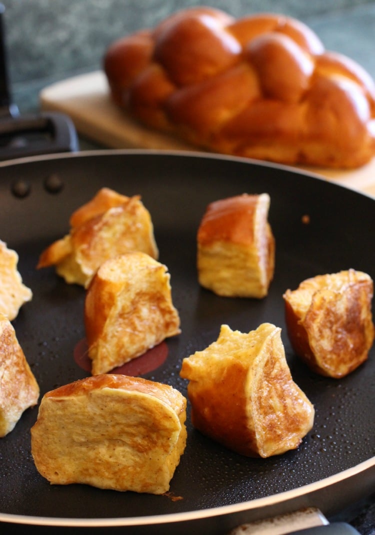 French Toast Kabobs with Butter Rum Syrup in skillet