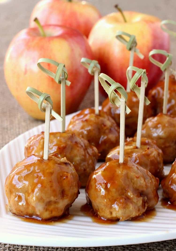 Make this Turkey Meatball Appetizer for your next party or holiday! An easy to make, make ahead appetizer recipe that everyone will love! turkey-apple-meatballs-whiskey-glaze-feature