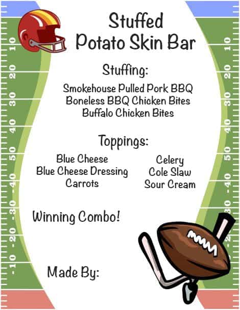 This Potato Skin Bar is a fun party idea for game days! Set out all the toppings and let your guests customize their own potato skins! Stuffed Potato Skin Bar sheet