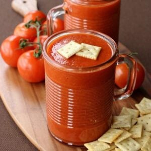 Copycat Campbell's Tomato Soup recipe in a glass soup mug