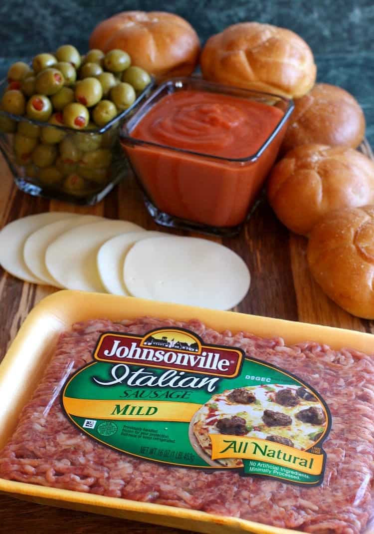 Picadillo Sausage Sliders are a fun and tasty party recipe! Italian sausage patties made with chopped olives and topped with sauce and cheese. sausage-picadillo-sliders-ingredients