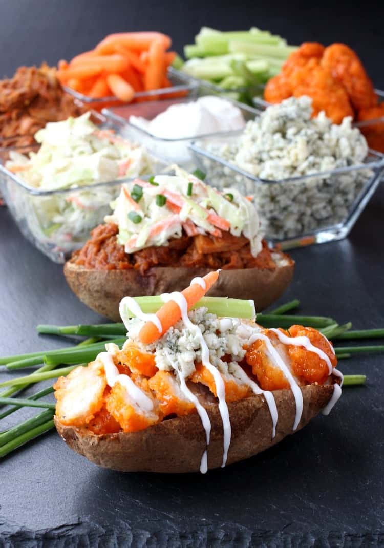 This Potato Skin Bar is a fun party idea for game days! Set out all the toppings and let your guests customize their own potato skins! stuffed-potato-skin-bar-feature
