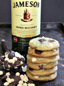 Chocolate chip cookies stacked on a tray